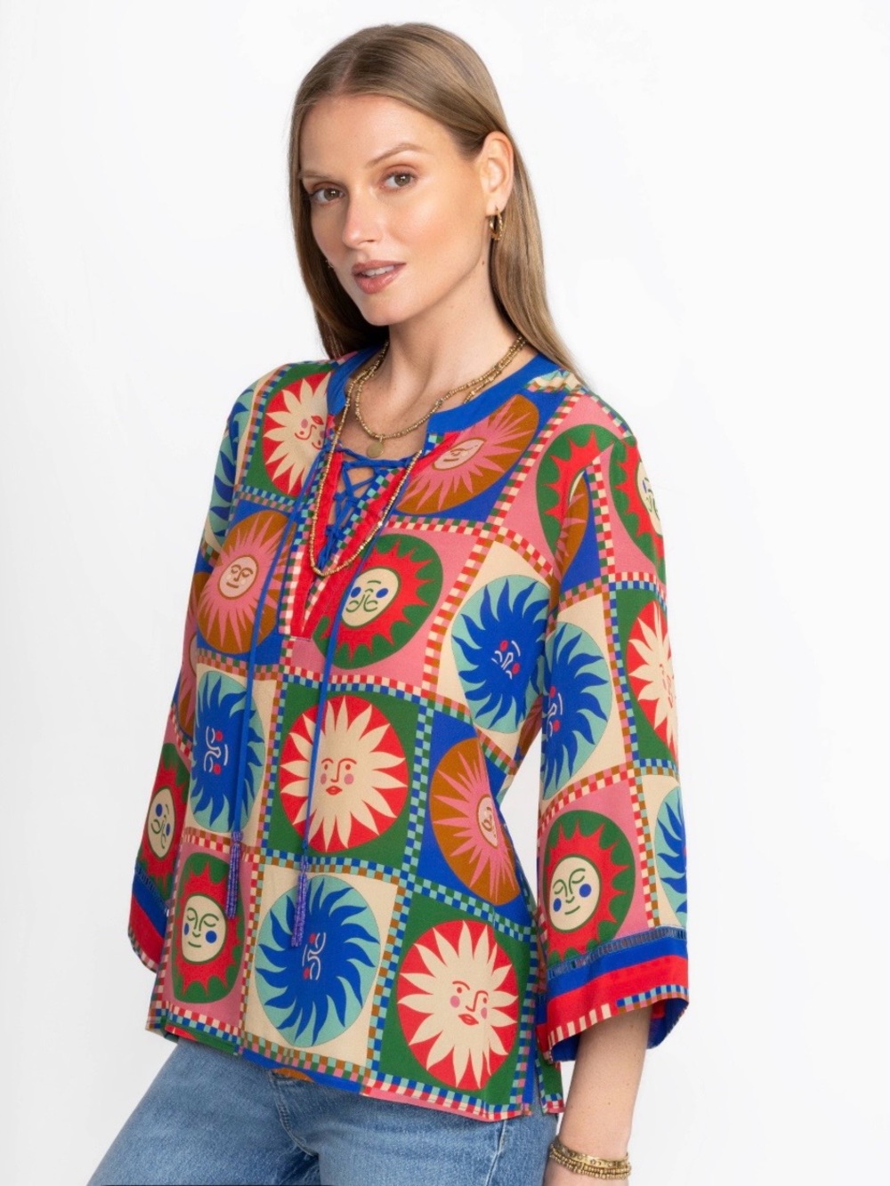 Johnny Was silk Celestial and Sun Medallion front tie blouse (Bin 093)